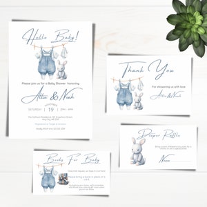 Minimalist Boy Baby Shower Invitation SET, Hello Baby Shower, Baby Clothes,Clothesline, DIY, Editable Digital Template, Instant Download image 1