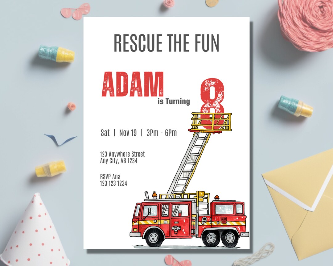 Fire Rescue Invitations Fire Truck Birthday Invitation: Firefighter Rescue, Editable Template ...