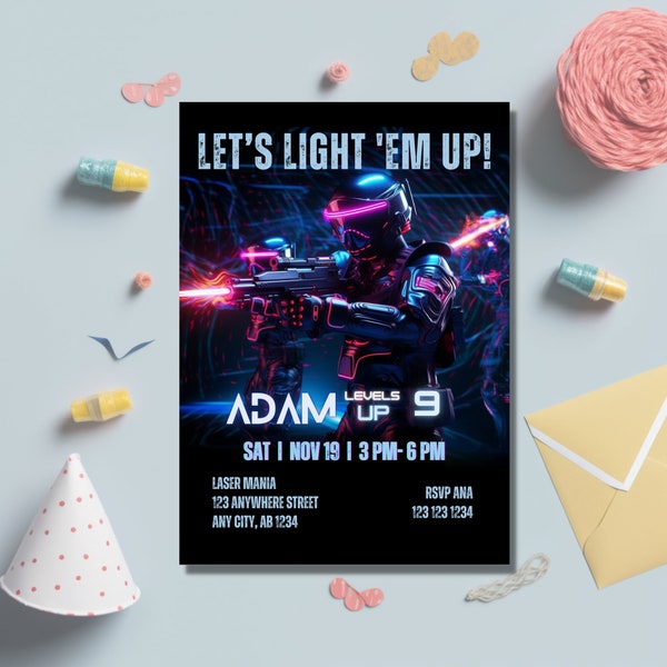 Laser Tag Invitation, Neon Laser Tag invite Glow Laser Tag Birthday Party Neon Glow Laser Party Editable Template Instant Download Printable