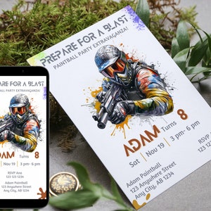 Invito di compleanno modificabile di Paintball, invito alla festa di Paintball, festa a tema di compleanno di Paintball, ragazzo, ragazza, download istantaneo