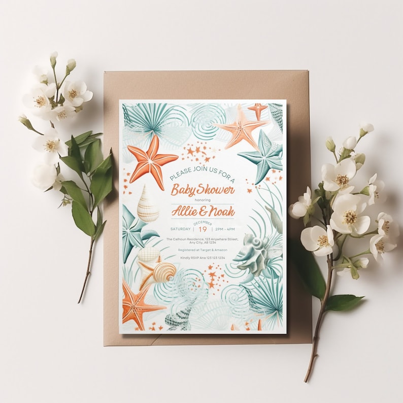 Ocean Baby Shower Invitation, Under the Sea Party Invite, Coral Sea Shells, Beach Baby Shower