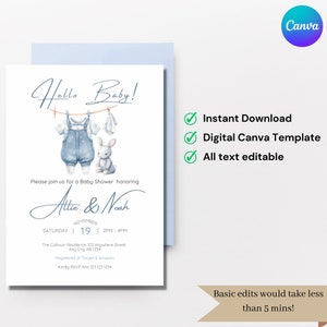 Minimalist Boy Baby Shower Invitation SET, Hello Baby Shower, Baby Clothes,Clothesline, DIY, Editable Digital Template, Instant Download image 3