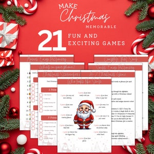 Paquete de juegos navideños imprimibles, juegos para fiestas navideñas, diversión navideña familiar, tarjetas de juegos navideños para la oficina, trivia, regalos para fiestas, descarga instantánea