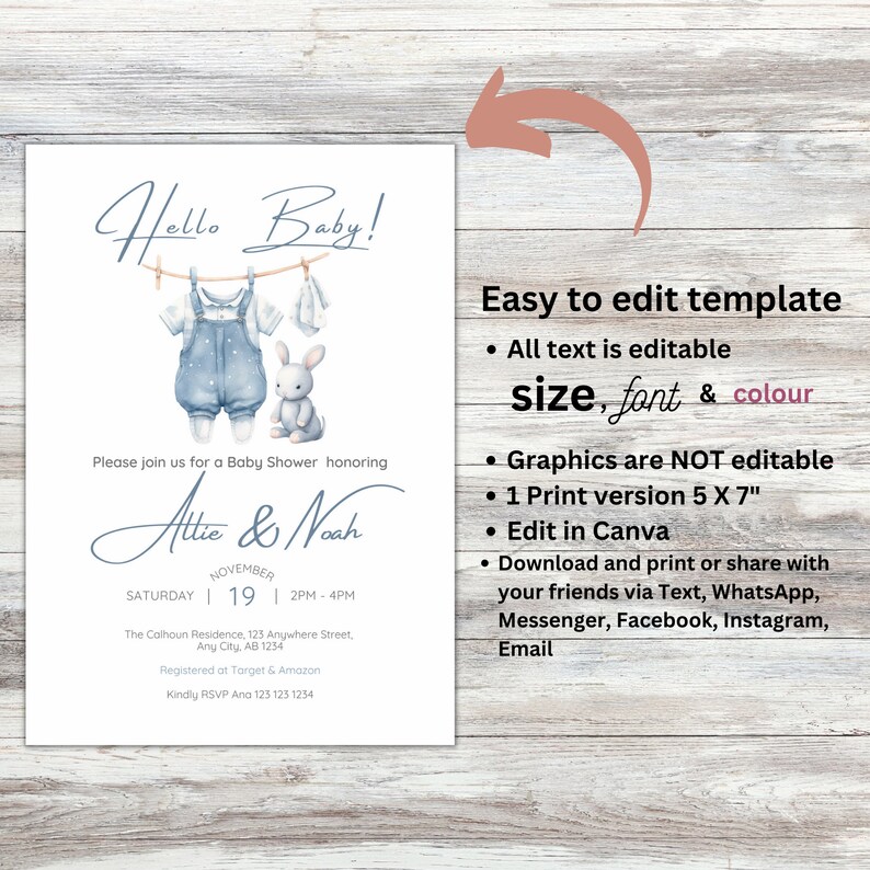 Minimalist Boy Baby Shower Invitation SET, Hello Baby Shower, Baby Clothes,Clothesline, DIY, Editable Digital Template, Instant Download image 6