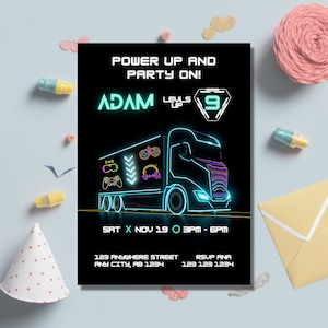 Video Game Truck Birthday Invitation: Neon Gamer Party (DIY Editable Template)