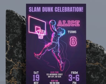 Neon Girl Basketball Birthday Invitation: Editable Template (Digital Download)