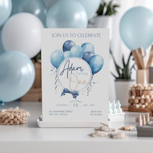 Blaue Ballon-Einladung, Ballons erster Geburtstag einladen, Minimalistische Pastellblau 1. Geburtstagsfeier, bearbeitbar, Sofort-Download-Vorlage