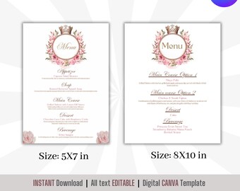 Princess Baby Shower Menu Template: Pink Floral Gold (Digital Download)