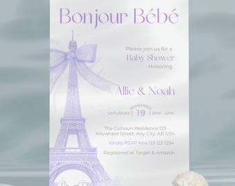 Paris Baby Shower Invitation: Bonjour Bébé, Eiffel Tower Lavender (Printable, Instant Download)