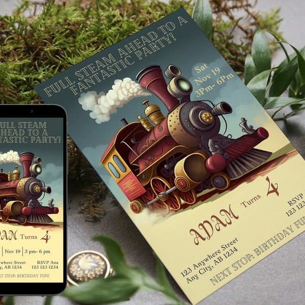 Train Birthday Invitation, Train Kids Invite, Choo Choo Train theme party, Digital Editable Template, Printable, Instant Download