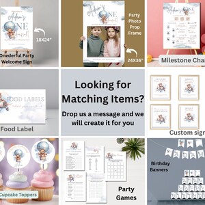 May include: A set of printable party decorations for a first birthday party with a hot air balloon theme. The set includes a welcome sign, milestone chart, food labels, cupcake toppers, party games, and birthday banners. The decorations feature a cute cartoon bear wearing aviator goggles and flying a hot air balloon.