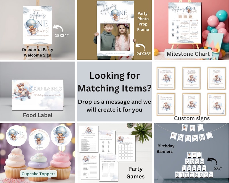 May include: A set of printable party decorations for a first birthday party with a hot air balloon theme. The set includes a welcome sign, milestone chart, food labels, cupcake toppers, party games, and birthday banners. The decorations feature a cute cartoon bear wearing aviator goggles and flying a hot air balloon.