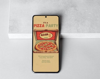 Puede incluir: Una invitación a una fiesta de pizza para el octavo cumpleaños de Adam. La invitación presenta una caja de pizza de dibujos animados con una rebanada de pizza dentro. El texto dice "It's a Pizza Party, Adam cumple 8 años, 19 de noviembre, de 15:00 a 18:00, 123 Anywhere Street, Any City, AB 1234, RSVP Ana, 123 123 1234."