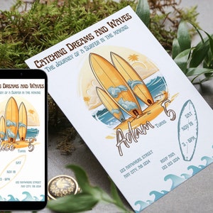 Surf Birthday Invitation, Junior Surfer Invite, Surf&#39;s Up, Surfboard theme Party, Digital Editable Template, Instant Download