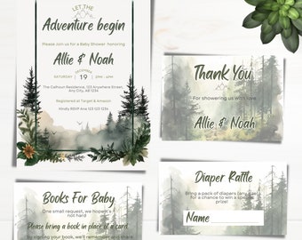Invitaciones para baby shower con temática de bosque: Árboles forestales, temática de aventura (descarga digital)