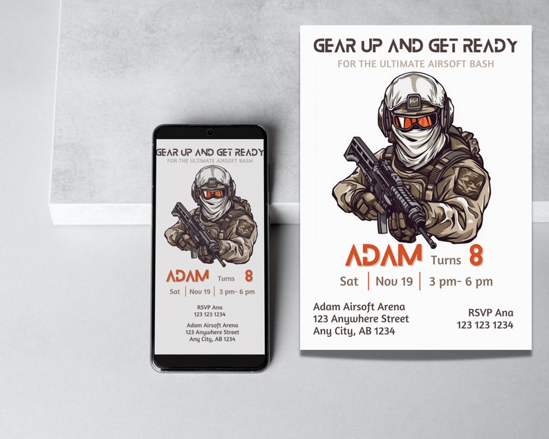 Editable Airsoft Birthday Invitation, Airsoft Party Invite, Airsoft