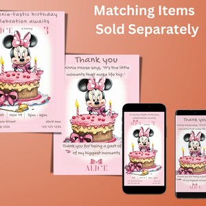 May include: A set of printable Minnie Mouse birthday party invitations and thank you cards. The invitations feature a pink and white cake with candles and Minnie Mouse holding a red bow. The thank you cards feature the same image with the text "Thank you Minnie Mouse says, 'It's the little moments that make life big.'"