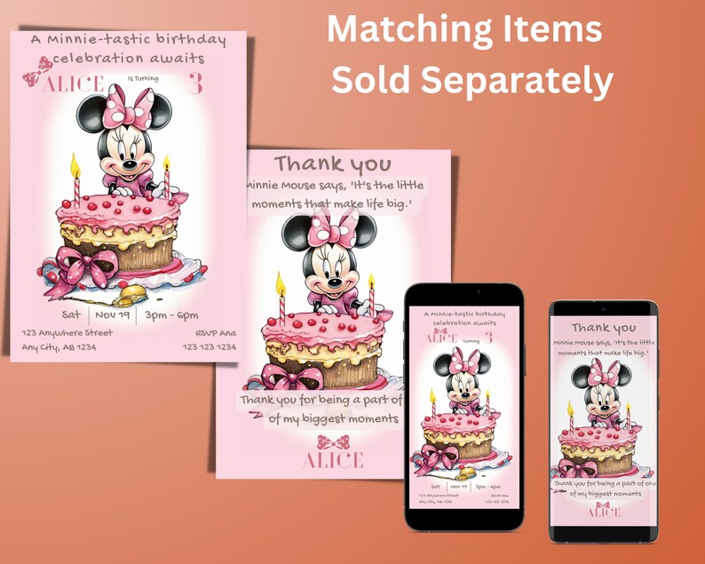 May include: A set of printable Minnie Mouse birthday party invitations and thank you cards. The invitations feature a pink and white cake with candles and Minnie Mouse holding a red bow. The thank you cards feature the same image with the text "Thank you Minnie Mouse says, 'It's the little moments that make life big.'"
