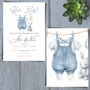 Minimalist Boy Baby Shower Invitation SET, Hello Baby Shower, Baby Clothes,Clothesline, DIY, Editable Digital Template, Instant Download image 4