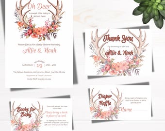 Oh Deer Baby Shower Invitation Set: Boho Floral Antlers (Digital Download)