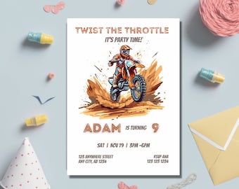 Invitación de cumpleaños de Dirt Bike, invitación de moto, tema de fiesta de aventura DirtBike, descarga instantánea, plantilla editable, imprimible