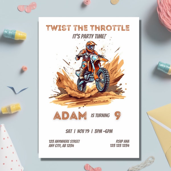 Invitation d'anniversaire de vélo de saleté, invitation de moto, thème de partie d'aventure de DirtBike, téléchargement immédiat, modèle modifiable, imprimable