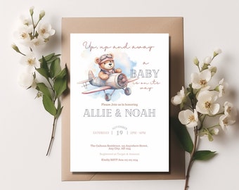 Airplane Baby Shower Invitation, Vintage Travel Shower Invite, Adventure Awaits, Teddy, DIY, Editable Digital Template, Instant Download