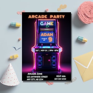 Arcade Birthday Party Invitation, Gaming Arcade Neon Glow invite, Retro gaming, Boy, Girl, Instant Download, Editable template, Printable