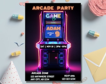 Arcade Birthday Party Invitation: Neon Gaming, Editable Template (Digital Download)