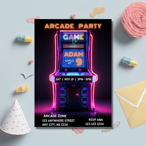 Arcade Birthday Party Invitation, Gaming Arcade Neon Glow invite, Retro gaming, Boy, Girl, Instant Download, Editable template, Printable