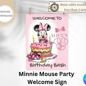 May include: A pink welcome sign for a Minnie Mouse themed birthday party. The sign features a cartoon image of Minnie Mouse with a pink bow, holding a pink and white cake with a single lit candle. The text on the sign reads "Welcome to Alice's 3rd Birthday Bash".