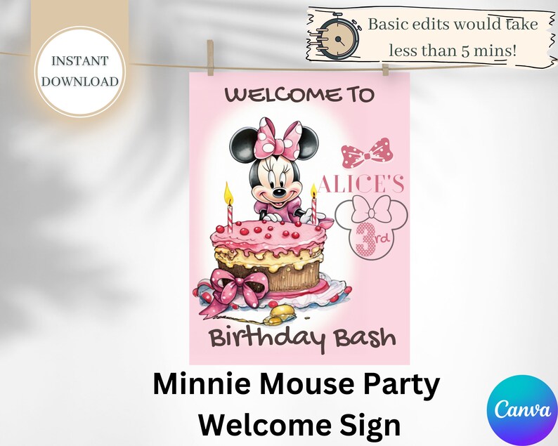May include: A pink welcome sign for a Minnie Mouse themed birthday party. The sign features a cartoon image of Minnie Mouse with a pink bow, holding a pink and white cake with a single lit candle. The text on the sign reads "Welcome to Alice's 3rd Birthday Bash".