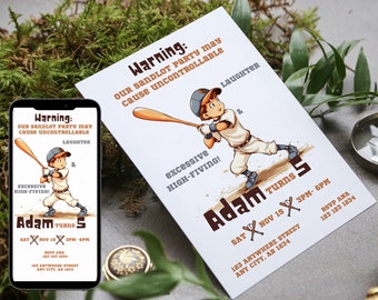 May include: A baseball-themed birthday party invitation with a cartoon illustration of a boy swinging a bat. The invitation is for Adam's 5th birthday party on November 19th from 3 PM to 6 PM. The text on the invitation reads "Warning: Our sandlot party may cause uncontrollable laughter & excessive high-fiving!"