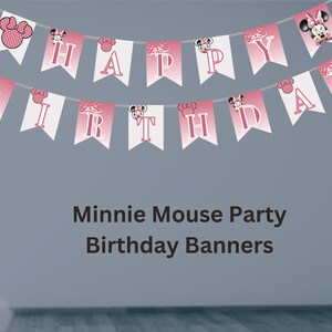 May include: Pink and white banner with Minnie Mouse characters and the words "Happy Birthday".