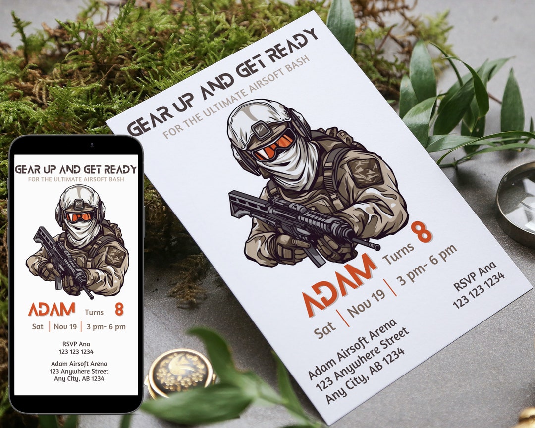 Editable Airsoft Birthday Invitation, Airsoft Party Invite, Airsoft