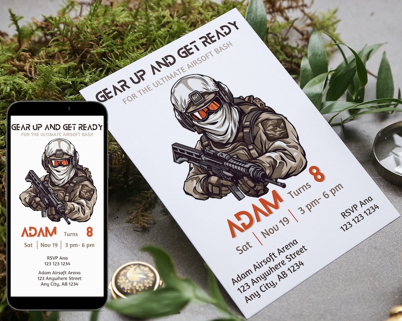 Editable Airsoft Birthday Invitation, Airsoft Party Invite, Airsoft Birthday Theme Party, Boy