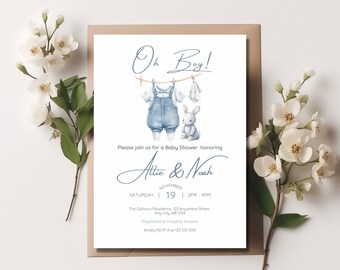 Minimalist &#39;Oh Boy&#39; Baby Shower Invitation: Editable Clothesline Template (Digital Download)