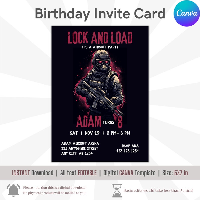 Airsoft Birthday Invitation, Airsoft Party Invite, Airsoft Birthday