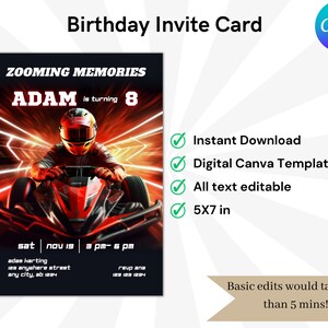 Go Karting Birthday Invitation, Go-karting Invite, Go Kart Racing Party ...