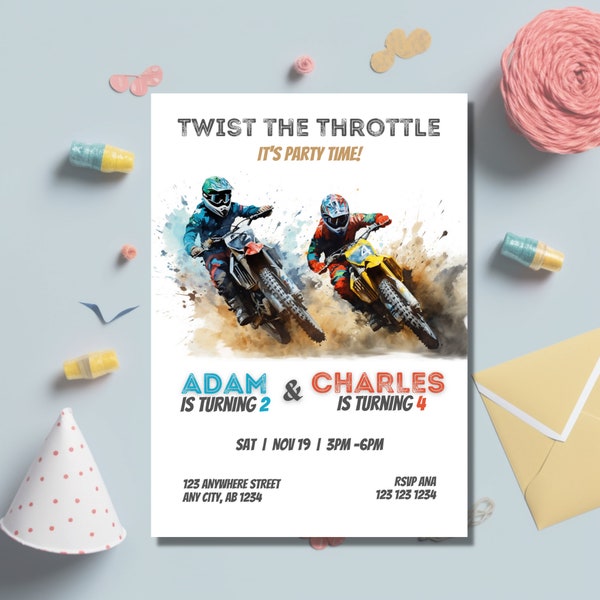 Joint Dirt Bike Birthday Invitation, Motorbike Invite, Sibling DirtBike Adventure Party, Instant Download, Editable Template, Printable