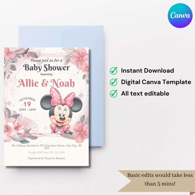 Editable Minnie Mouse Baby Shower Invitation Template, Minnie Mouse ...