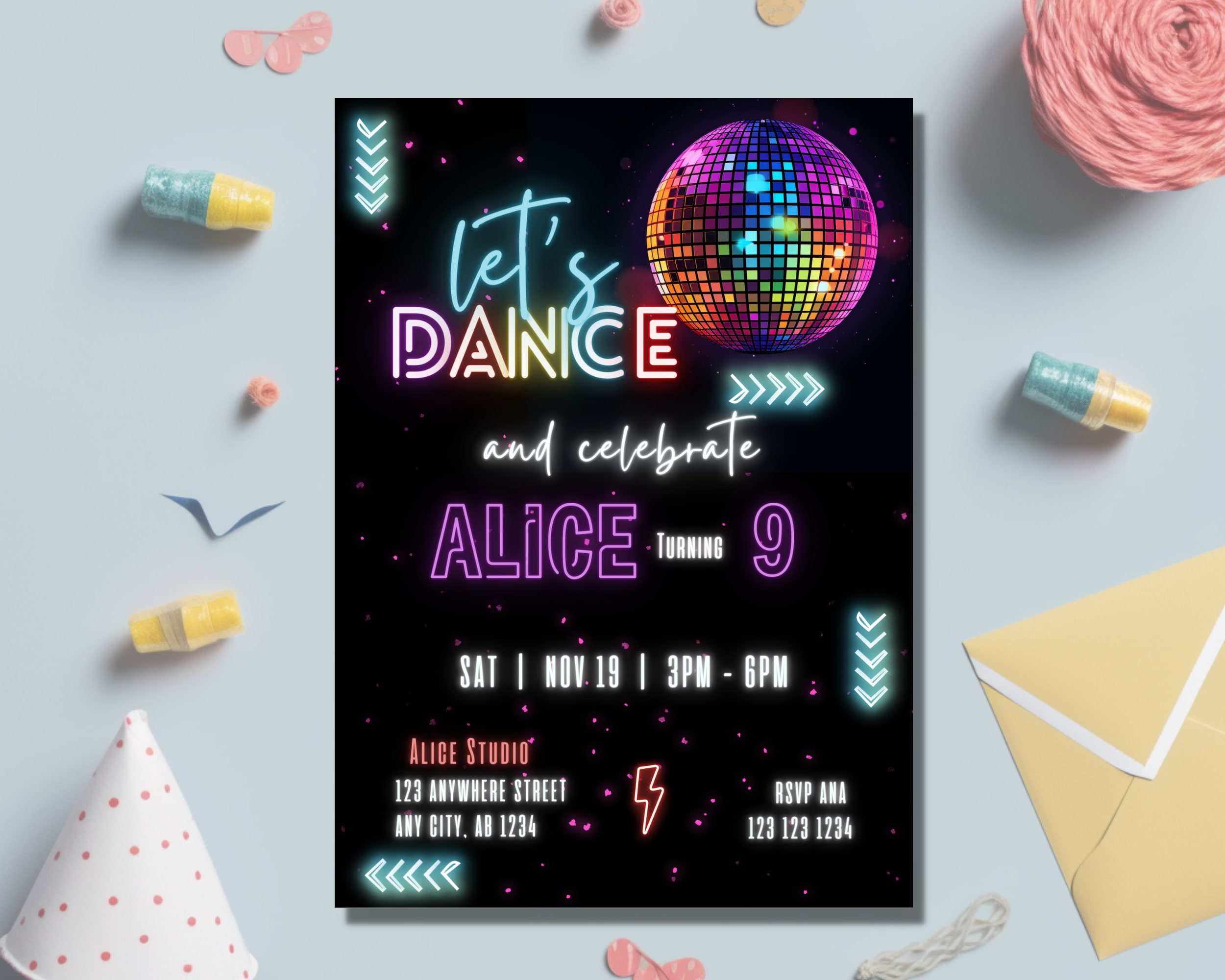 Dance Party Invitation, Disco Birthday Invite, Glow Neon Disco Party, Dancing, Girl Tween, Editable Template, Instant Download, Printable