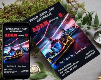 Pode incluir: Um convite de aniversário para um menino de 8 anos com um tema de corrida. O convite apresenta uma imagem de corrida de kart em cores neon e o texto "Speed, Drift, and Celebrate Adam Turning 8".