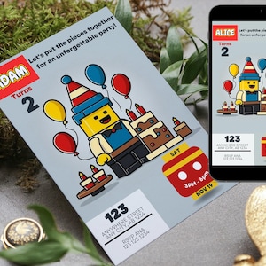 Convite de aniversário com blocos de construção, convite com blocos de construção, festa infantil com tema de tijolos, menina, menino com tijolos, modelo editável, download instantâneo