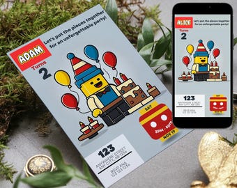 Building Blocks Birthday Invitation, BuildingBlocks Invite, Kids Brick theme party, Girl, Boy Brick, Editable Template, Instant Download