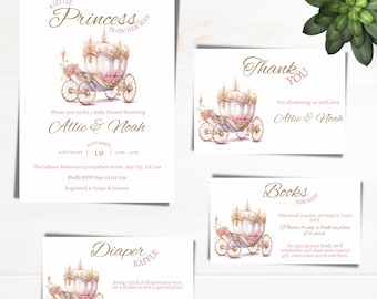Elegant Princess Baby Shower Invitation SET, Princess Carriage Shower Invite, Rose Princess Gold, Royal Fairytale Instant Download Printable