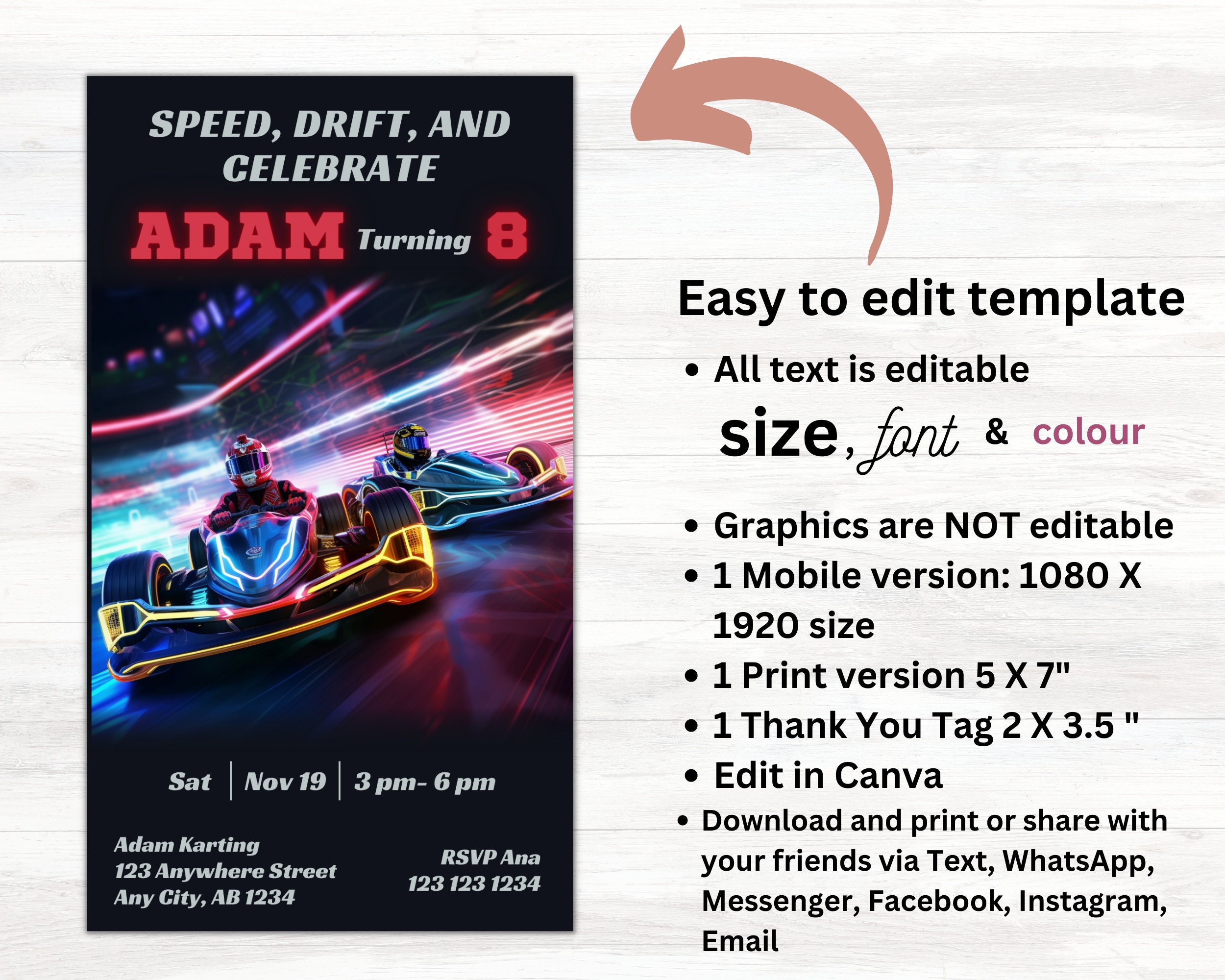 Editable Go Kart Birthday Invitation, Go-karting Invite, Racing ...