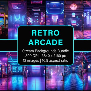 Retro Arcade | Vtuber Background | Stream Background | Twitch Background | Virtual Background | PNG Bundle of 12
