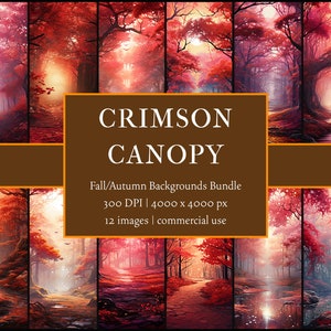 May include: A digital art bundle of 12 images featuring a crimson forest with a path leading through the trees. The images are 4000 x 4000 pixels and 300 DPI. The text "CRIMSON CANOPY" is displayed in a brown rectangle at the top of the image. The text "Fall/Autumn Backgrounds Bundle" is displayed in a brown rectangle below the title. The text "300 DPI | 4000 x 4000 px" is displayed in a brown rectangle below the bundle description. The text "12 images | commercial use" is displayed in a brown rectangle below the DPI and pixel information.