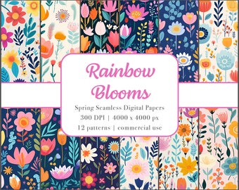 Rainbow Blooms | Spring-Themed Pattern | Seamless Repeat Pattern | Spring-Themed Digital Paper | 12 Images PNG Bundle | Commercial Use